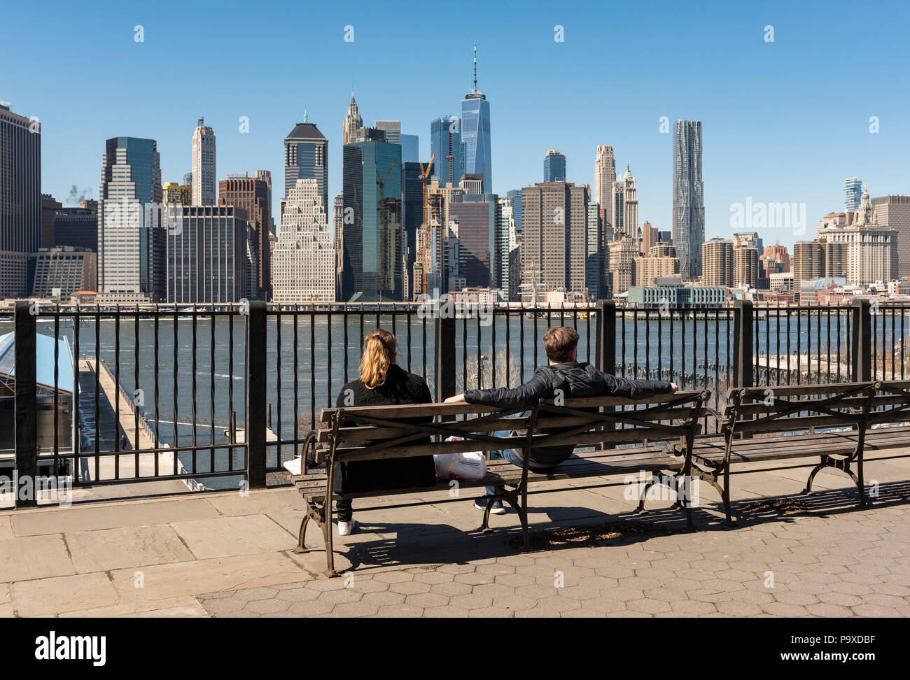 Lower Manhattan von Brooklyn Heights Promenade, New York City, USA Stockfoto