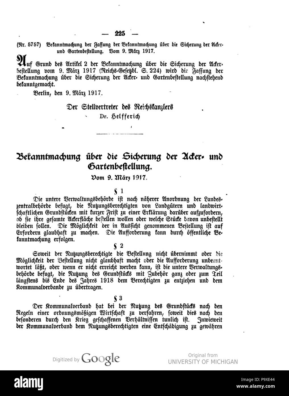 472 Deutsches Reichsgesetzblatt 1917 047 0225. Stockfoto