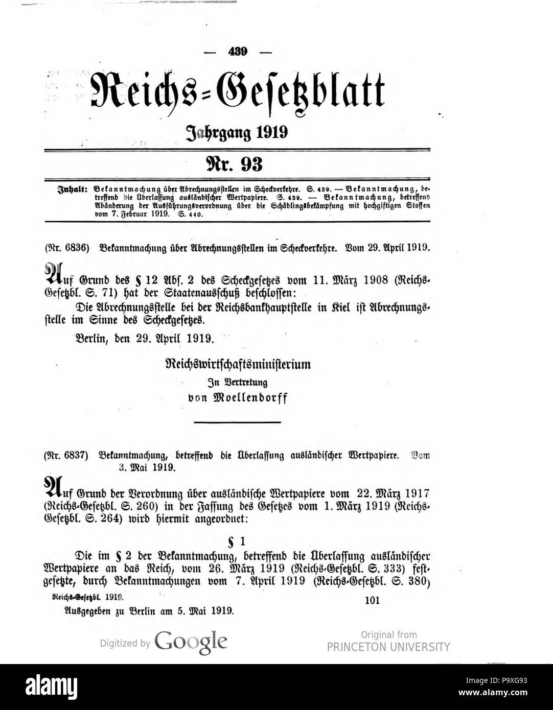 488 Deutsches Reichsgesetzblatt 1919 093 0439 Stockfoto