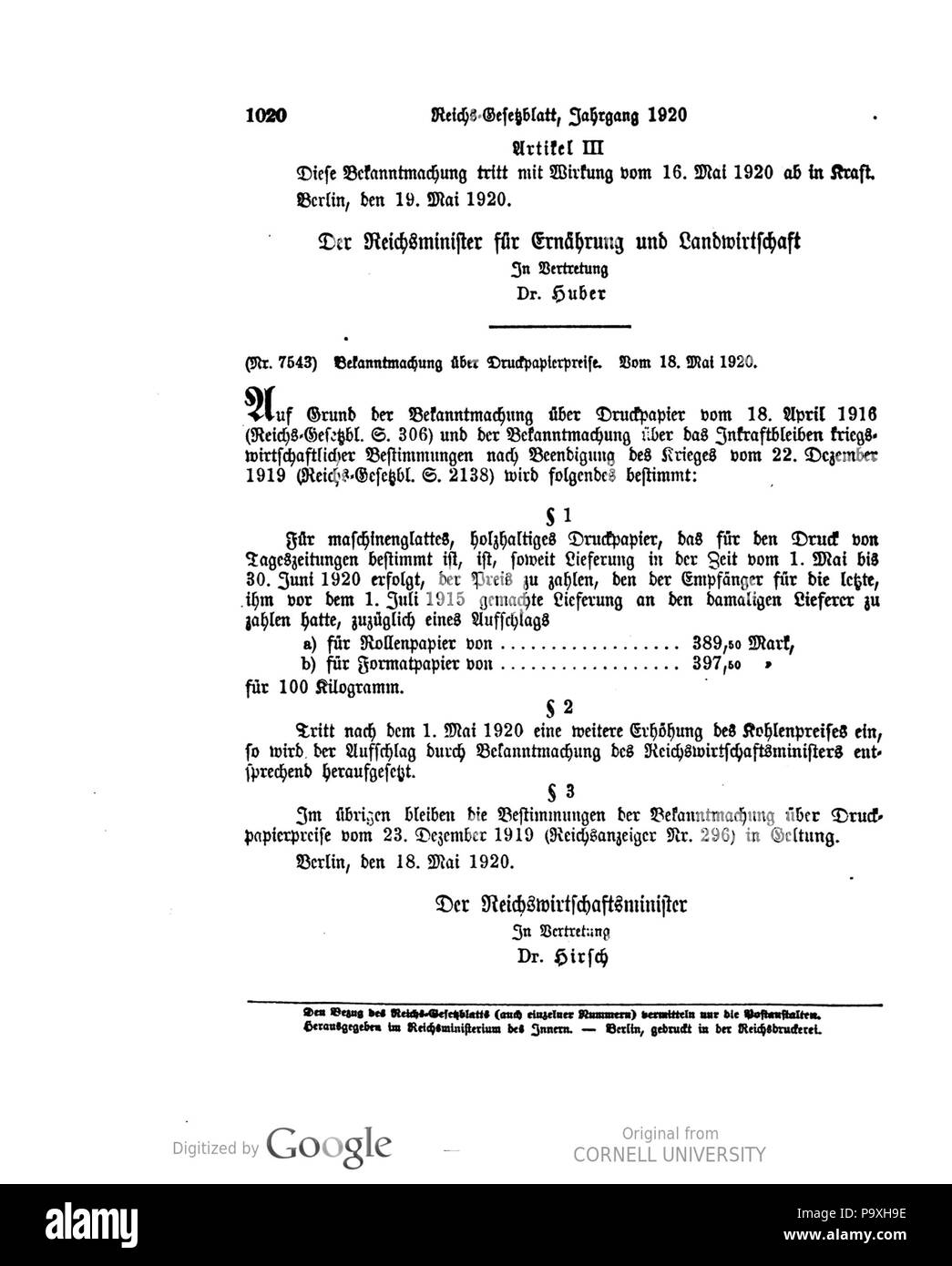 503 Deutsches Reichsgesetzblatt 1920 112 1020 Stockfoto