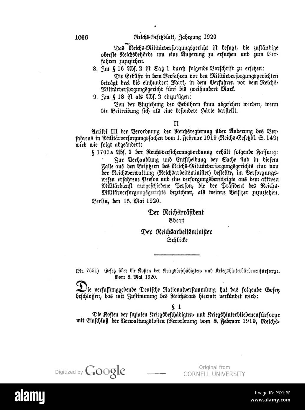 504 Deutsches Reichsgesetzblatt 1920 114 1066 Stockfoto