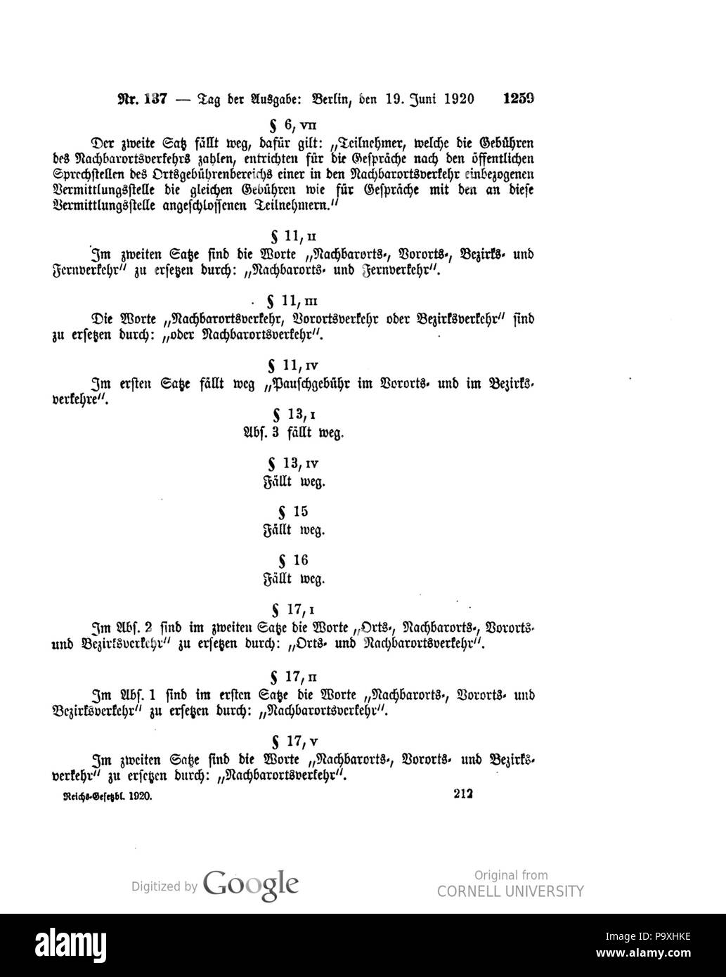 505 Deutsches Reichsgesetzblatt 1920 137 1259 Stockfoto