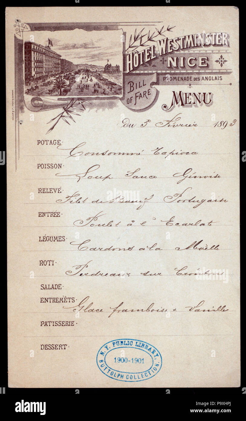 202 Speisekarte (by) HOTEL WESTMINSTER (at) "Nizza, Frankreich "(warm gehalten ;) (NYPL Hades -270209-474859) Stockfoto
