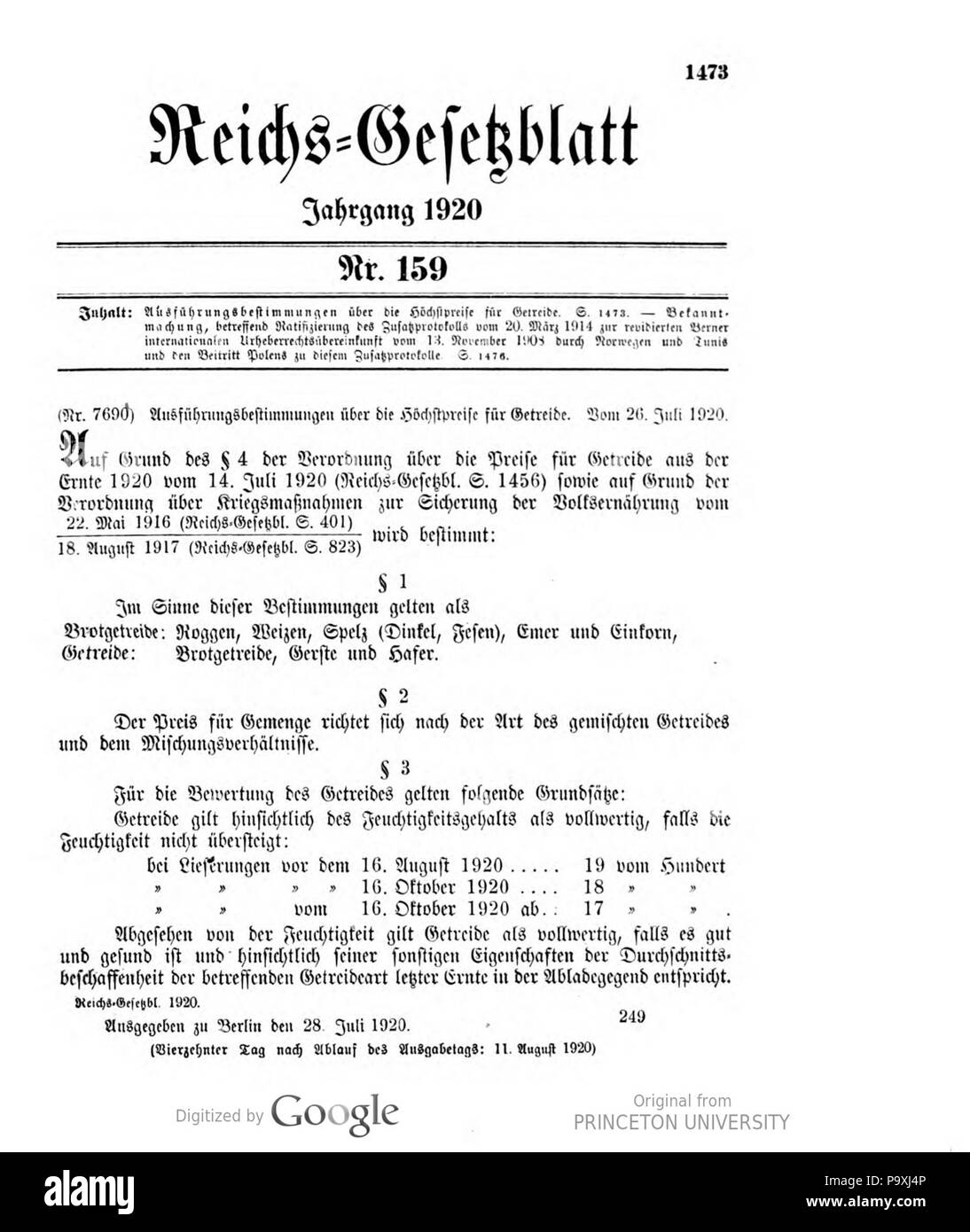 506 Deutsches Reichsgesetzblatt 1920 159 1473 Stockfoto