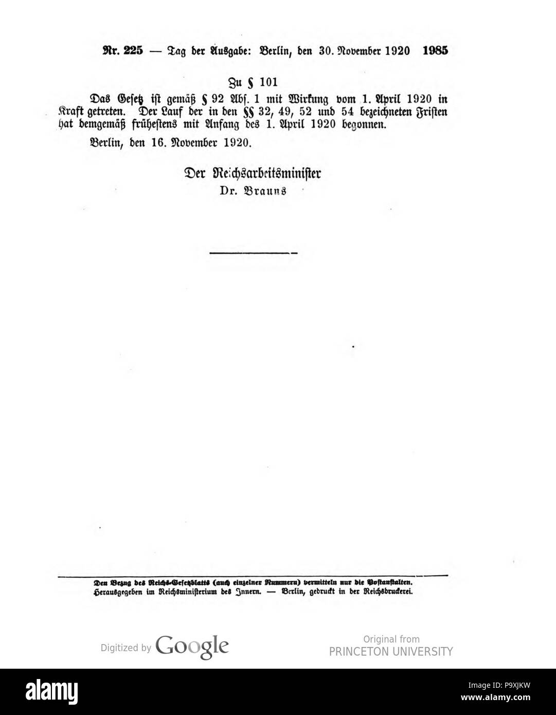 508 Deutsches Reichsgesetzblatt 1920 225 1985 Stockfoto