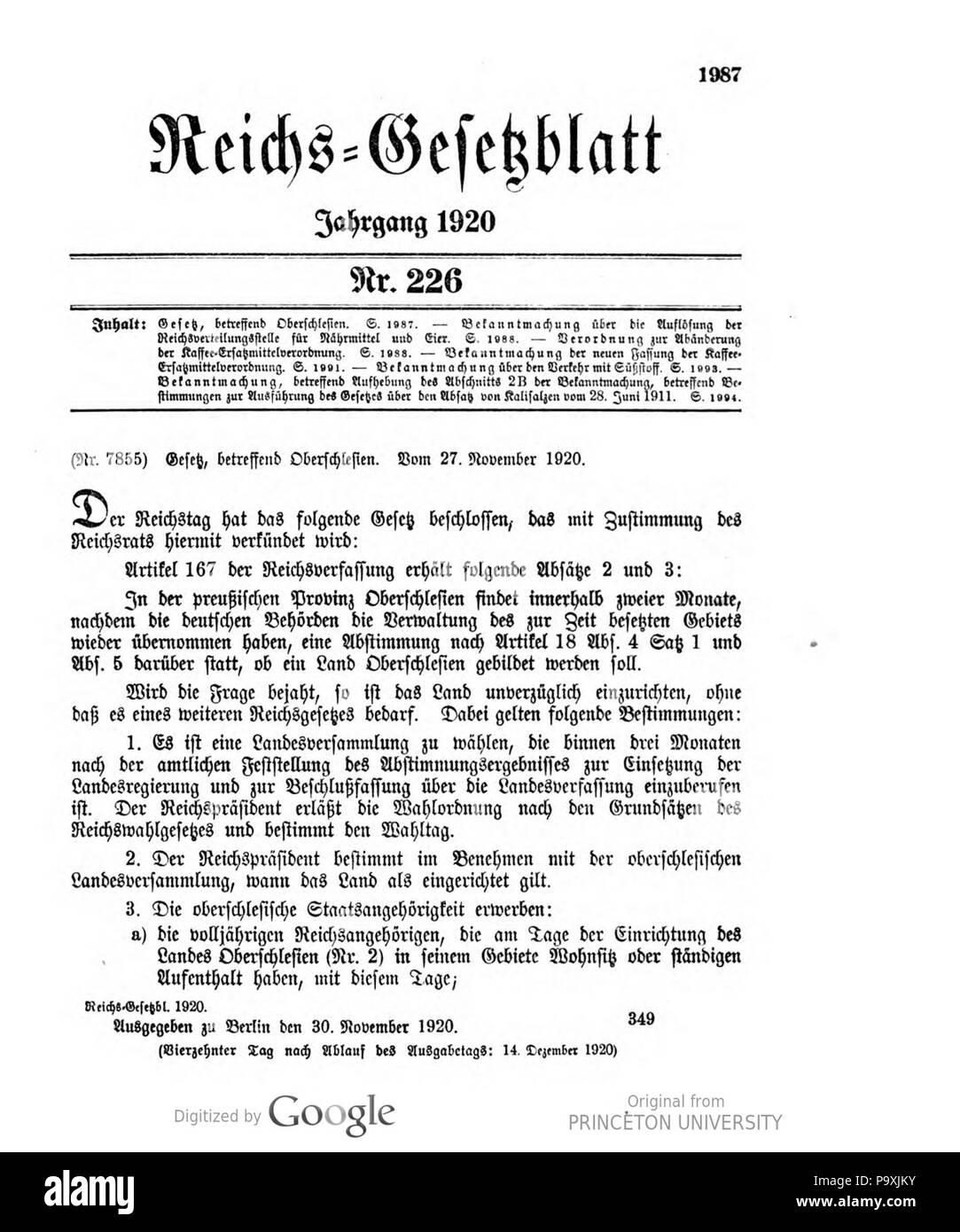 508 Deutsches Reichsgesetzblatt 1920 226 1987 Stockfoto