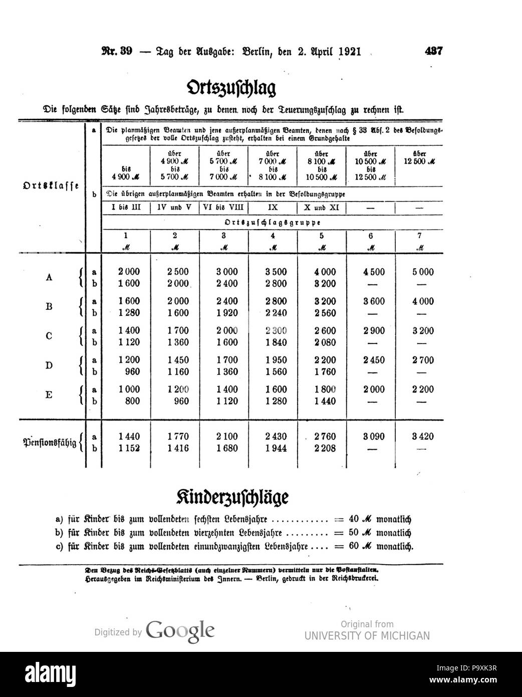 513 Deutsches Reichsgesetzblatt 1921 039 0437 Stockfoto