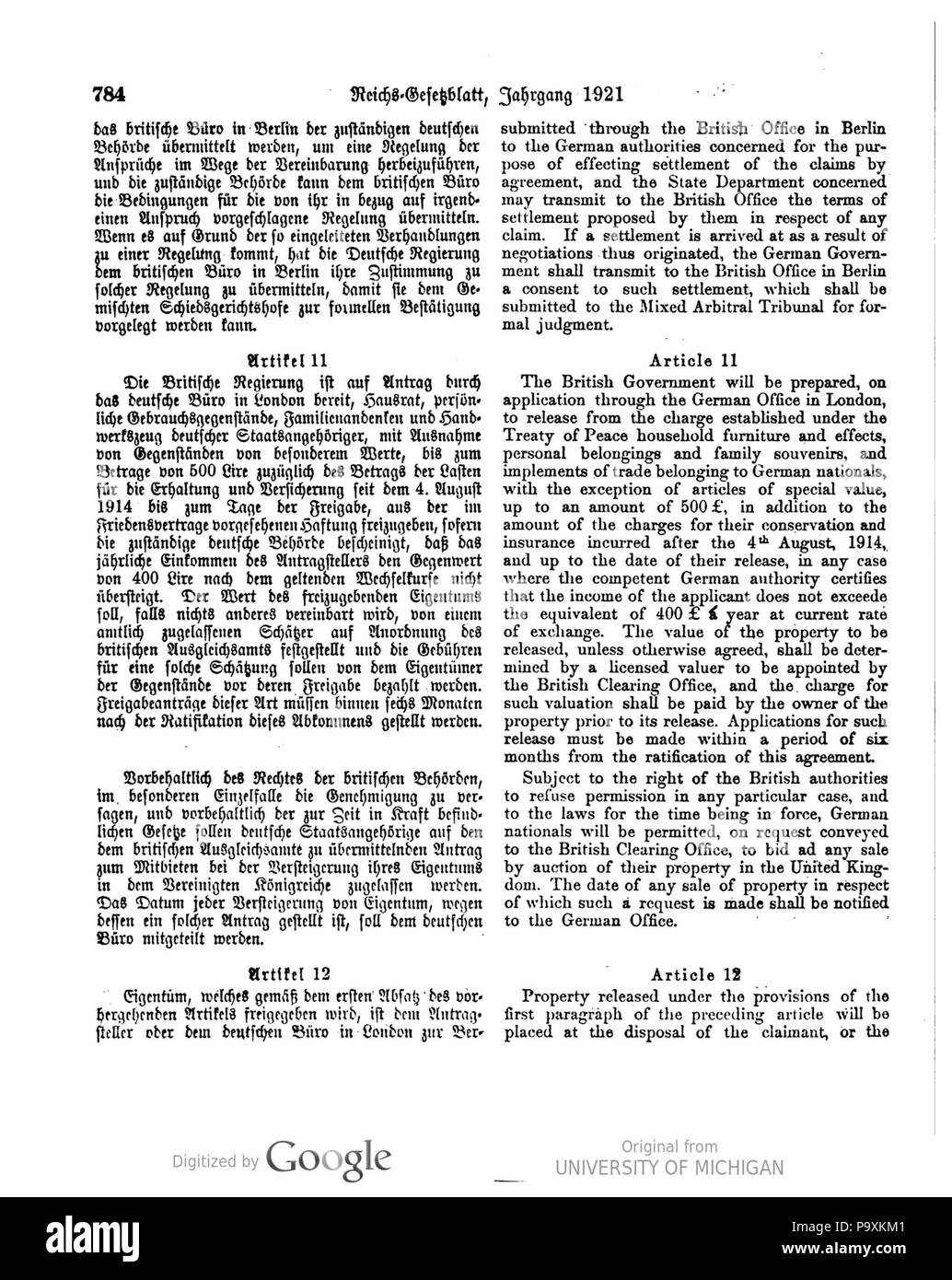 515 Deutsches Reichsgesetzblatt 1921 067 0784 Stockfoto