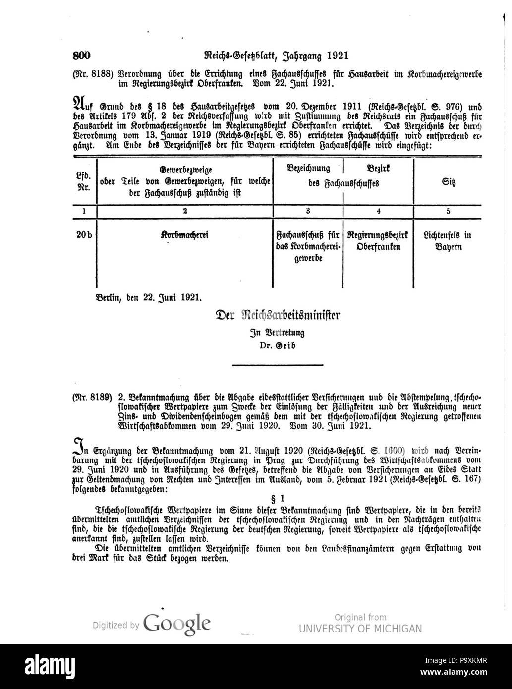 515 Deutsches Reichsgesetzblatt 1921 068 0800 Stockfoto