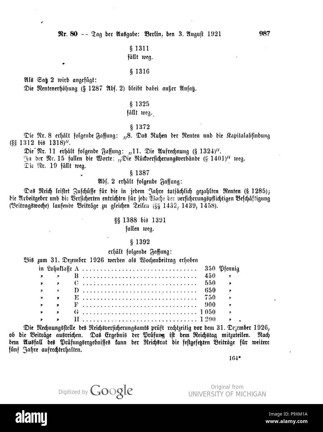 516 Deutsches Reichsgesetzblatt 1921 080 0987 Stockfoto