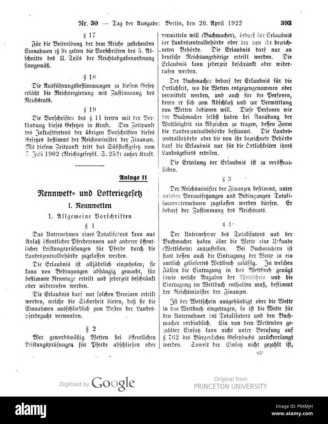 522 Deutsches Reichsgesetzblatt 22T 1 030 0393 Stockfoto