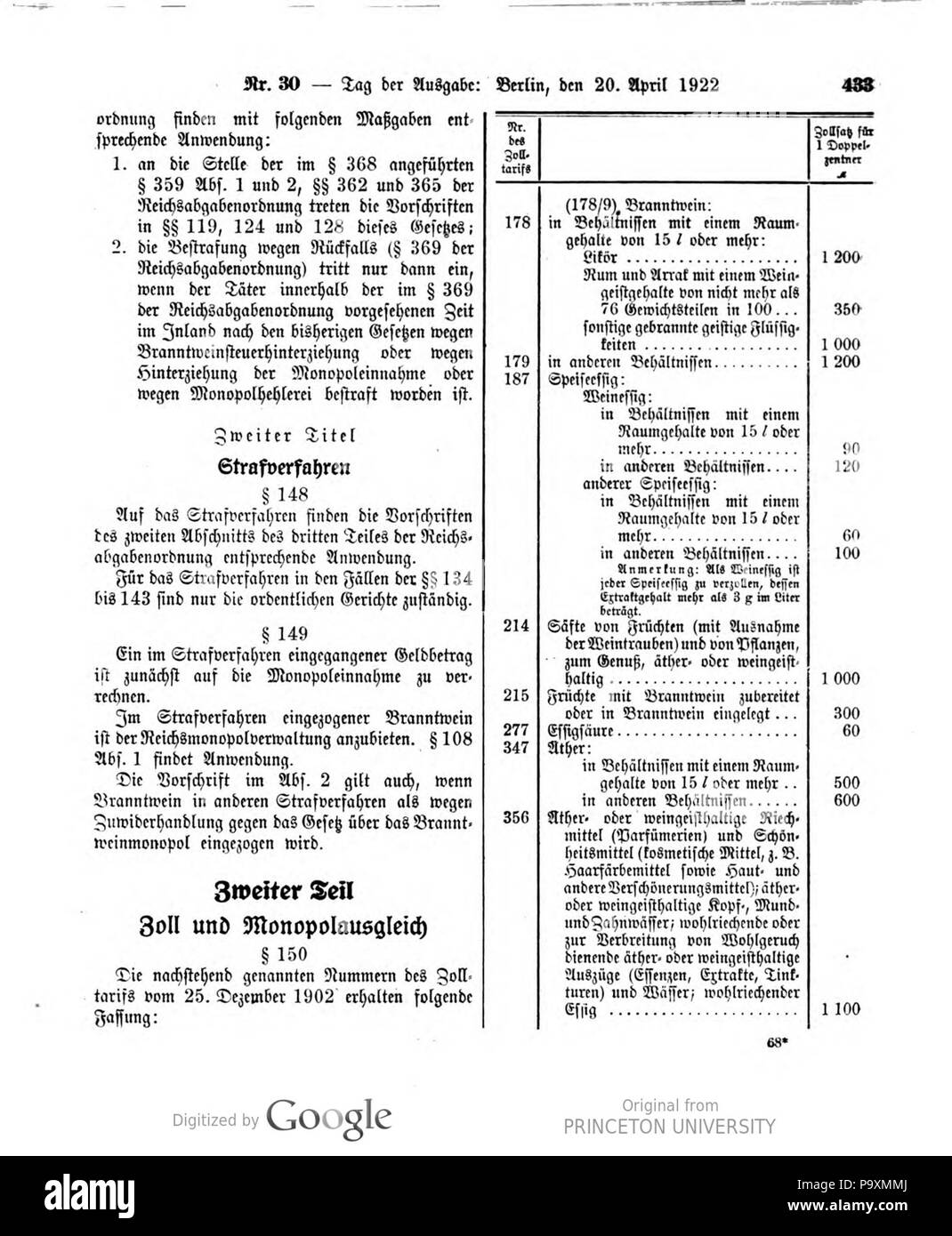 522 Deutsches Reichsgesetzblatt 22T 1 030 0433 Stockfoto