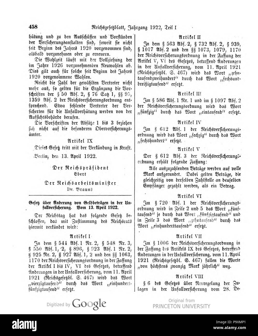 522 Deutsches Reichsgesetzblatt 22T 1 032 0458 Stockfoto