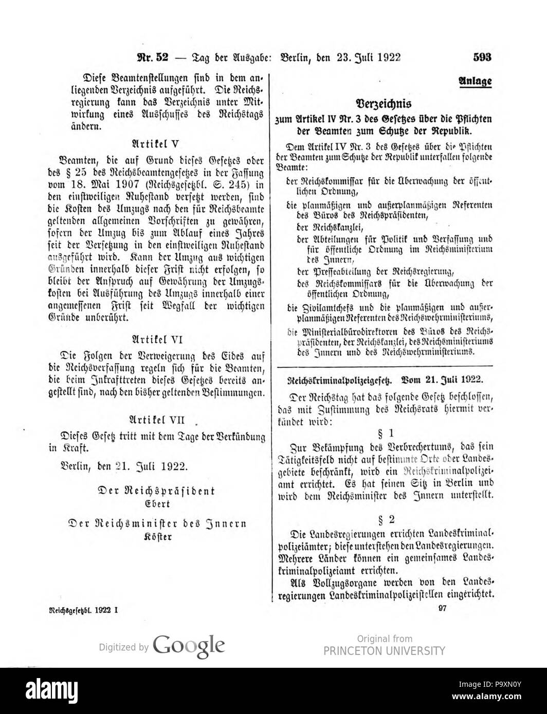 523 Deutsches Reichsgesetzblatt 22T 1 052 0593 Stockfoto