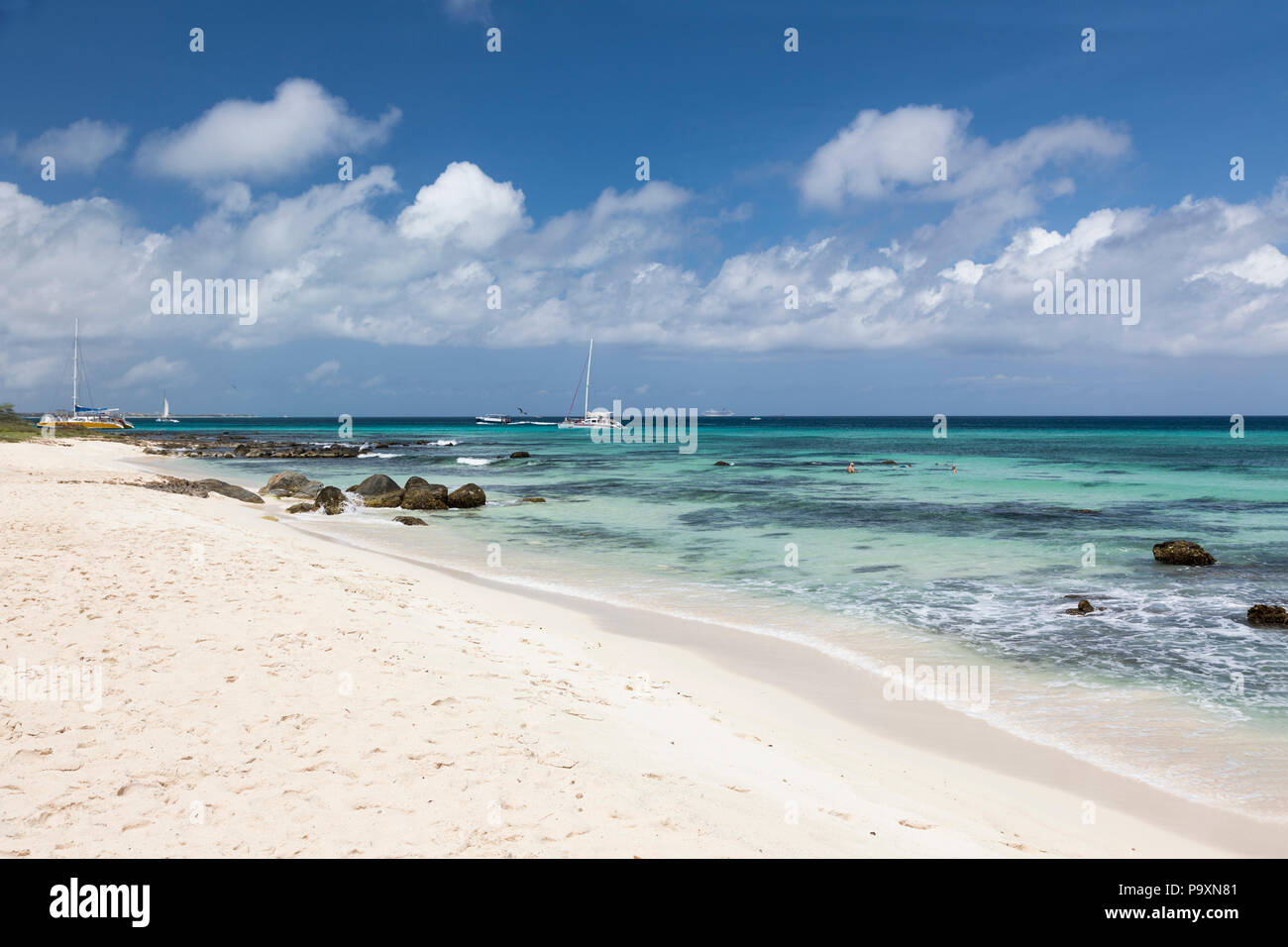 Arashi Beach - ein idyllischer weißer Sandstrand auf der Karibikinsel Aruba, Karibik Stockfoto