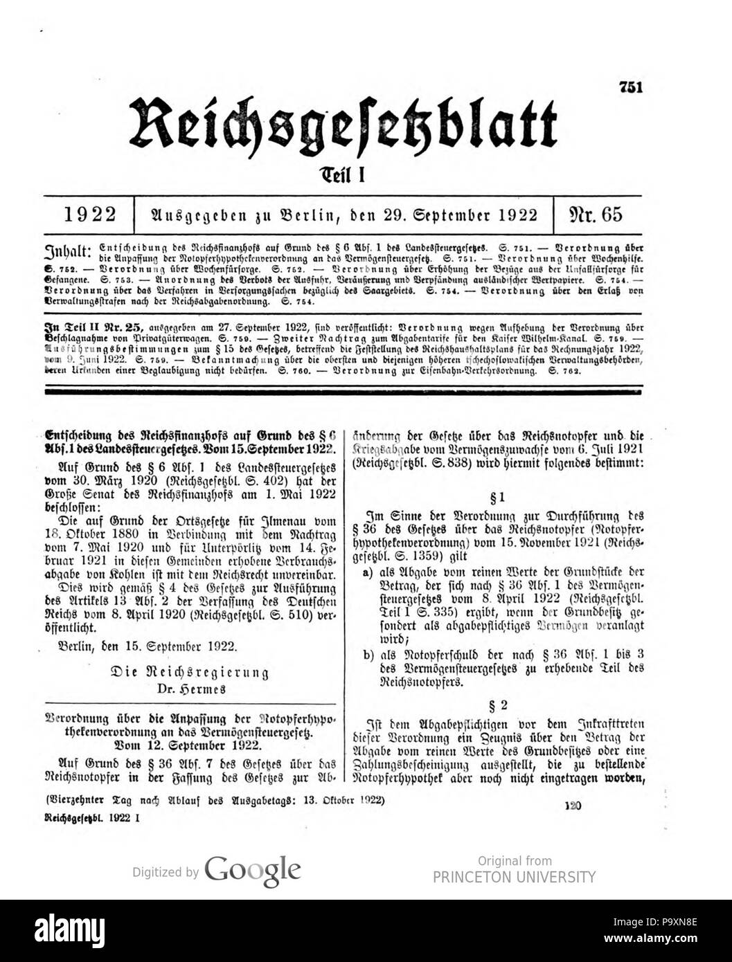 524 Deutsches Reichsgesetzblatt 22T 1 065 0751 Stockfoto