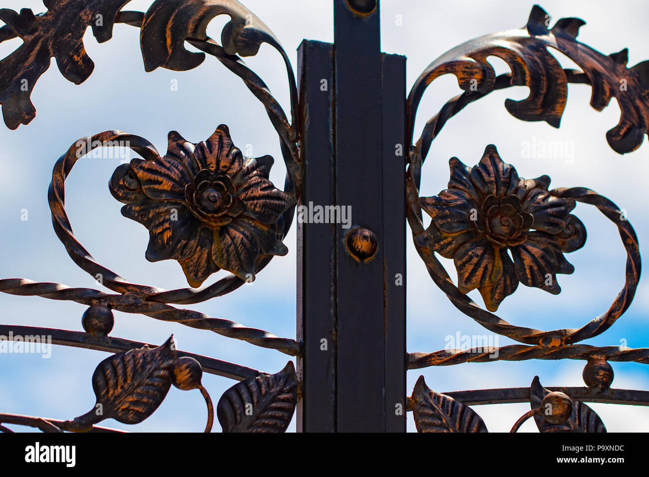 Reich verzierten schmiedeeisernen Elementen aus Metall tor Dekoration. Stockfoto