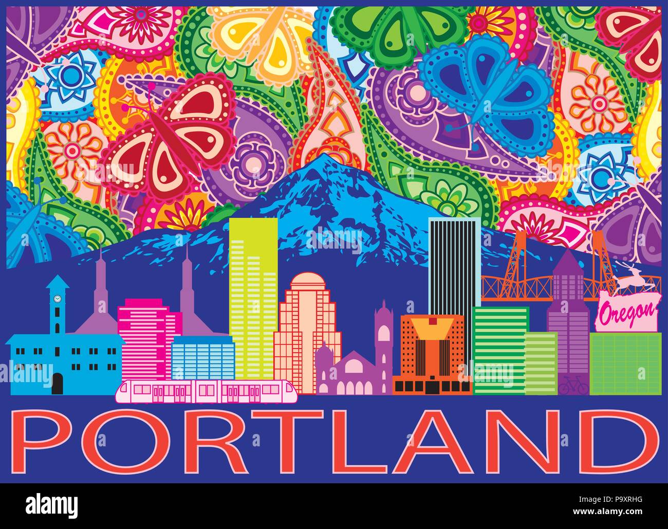 Portland Oregon Umrisse Silhouette mit Sicht auf die City Skyline mit Mount Hood bunte Paisley Muster Hintergrund Abbildung Stock Vektor