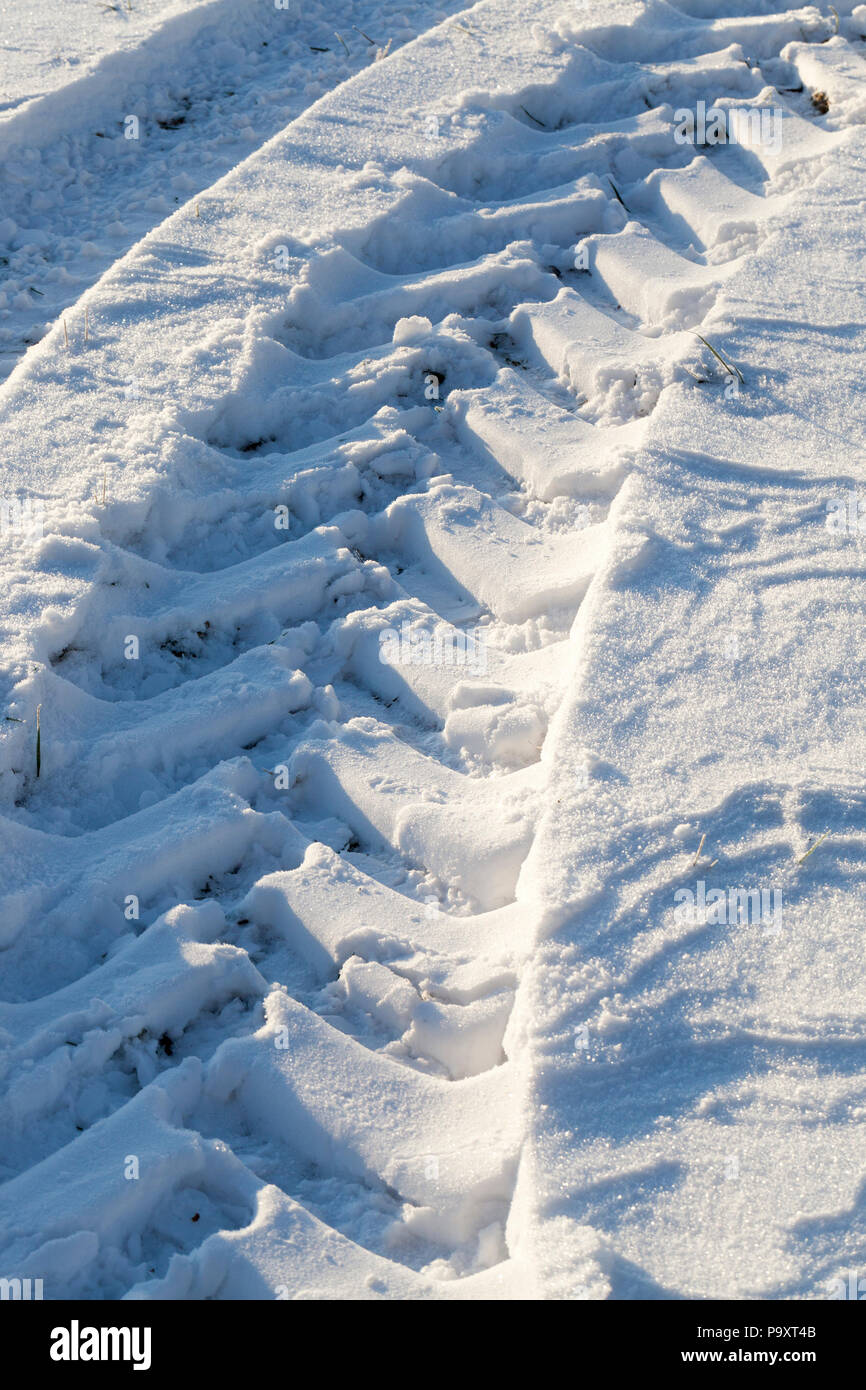 Große Spuren der Lauffläche eines Traktors oder anderen schweren Landwirtschaftlichen Fahrzeug auf Schneeverwehungen im Feld, close-up Stockfoto