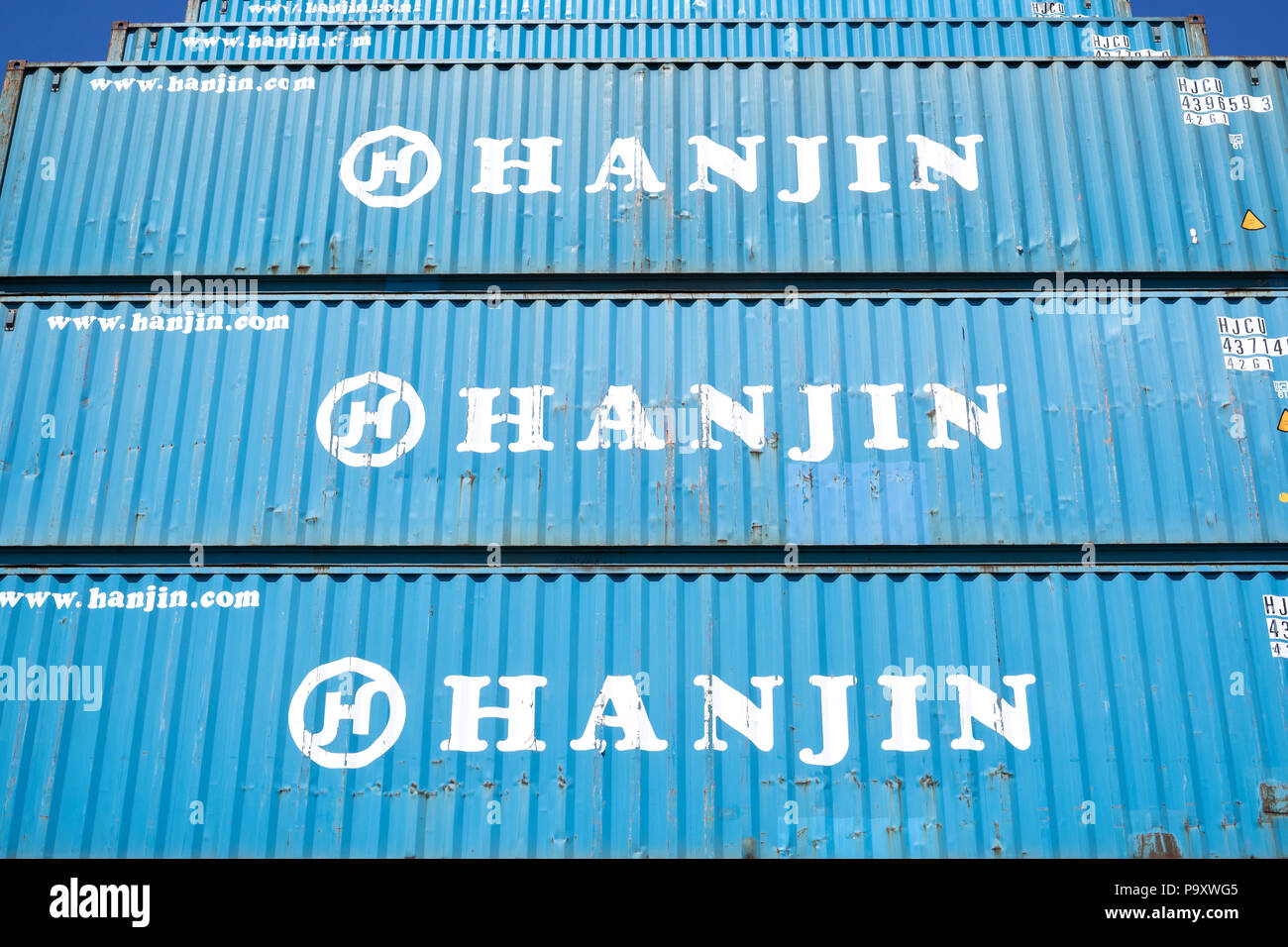 Hanjin 40 ft intermodalen Container im Hafen gestapelt. Hanjin war des größten südkoreanischen Container Linie und eine der Top 10 Containerschiffe der Welt Stockfoto
