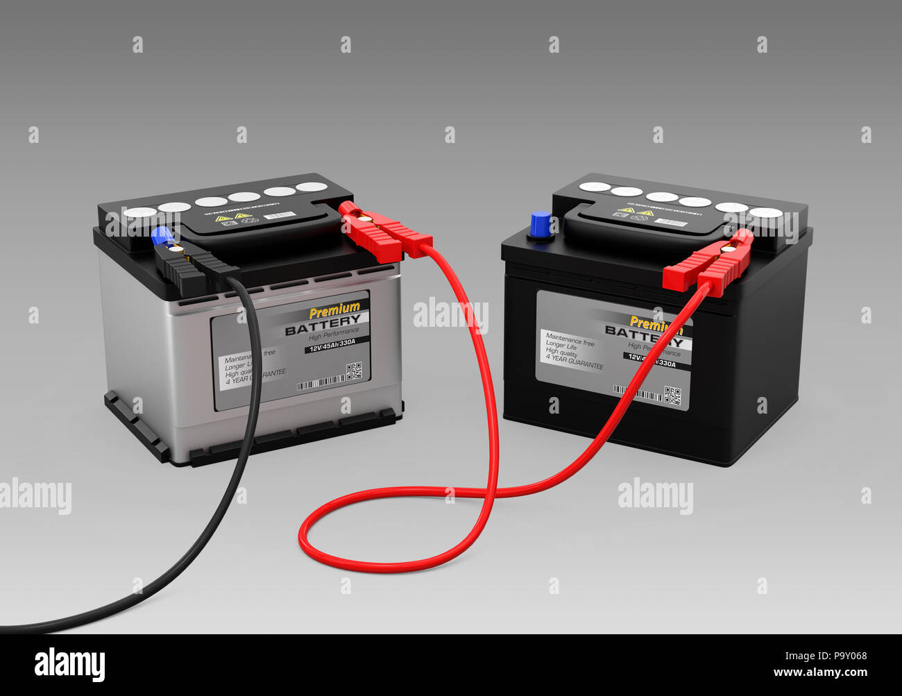 Autobatterien mit springen Booster auf grauem Hintergrund. 3D-Bild. Stockfoto