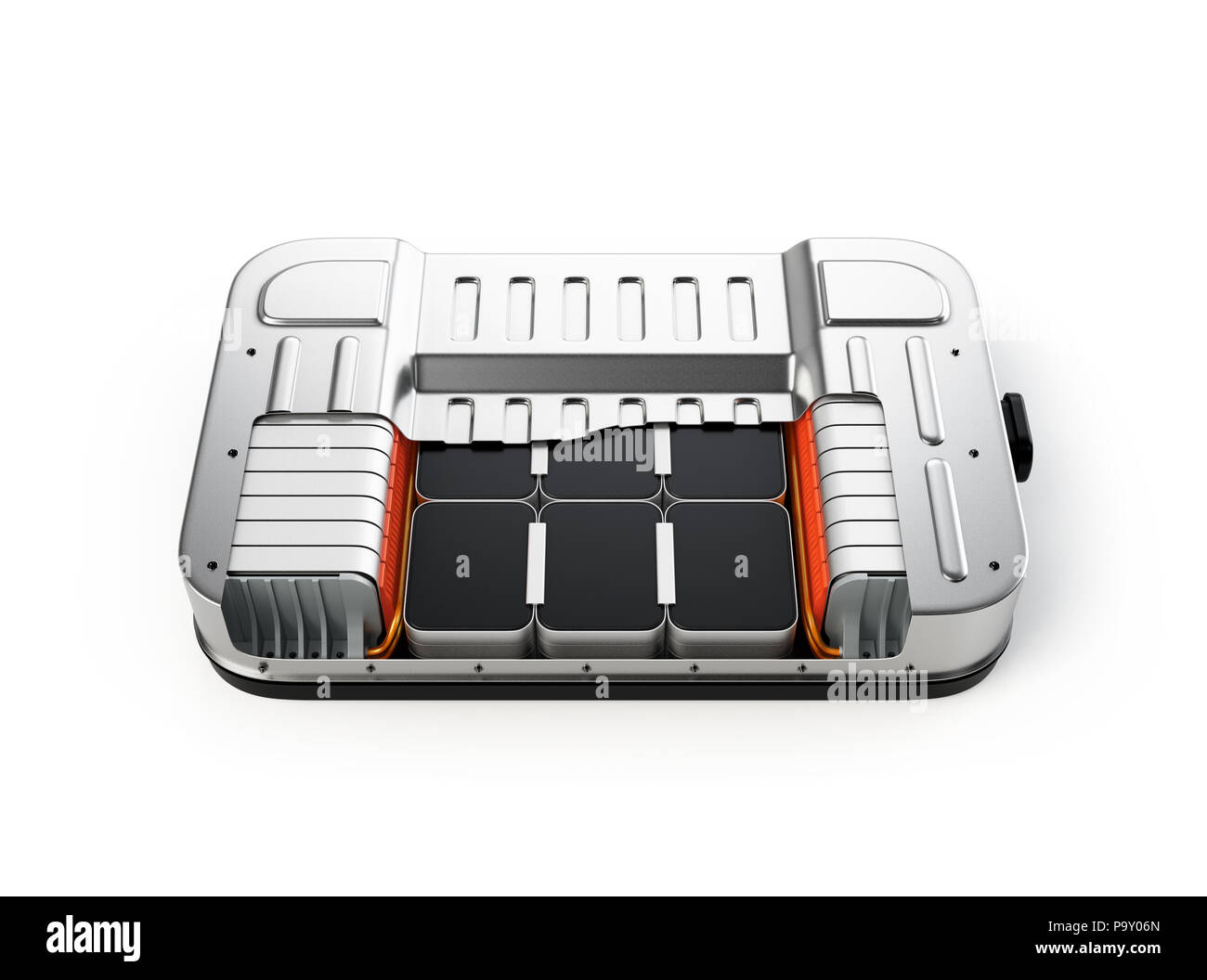 Schnittansicht der Batterie Elektrofahrzeug pack auf weißem Hintergrund. 3D-Bild. Stockfoto