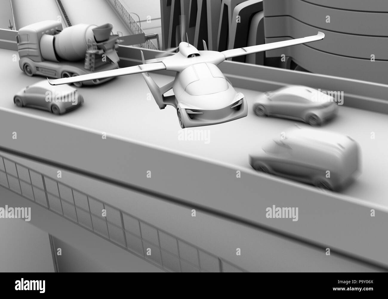 Ton Schattierung Rendering von futuristischen fliegendes Auto über Stau auf der Autobahn fliegen. 3D-Bild. Stockfoto
