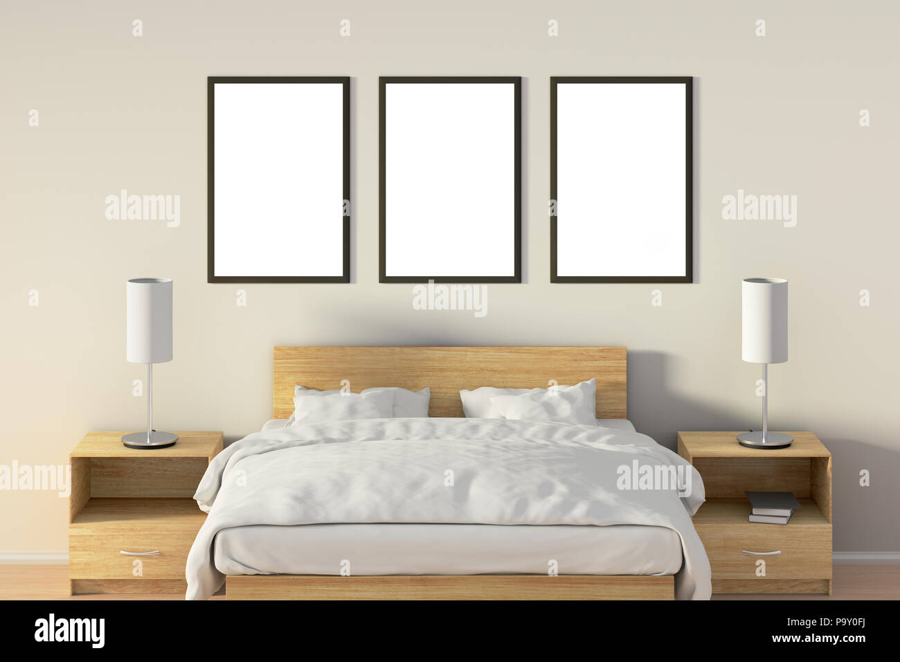 Drei Leere vertikale Poster im Schlafzimmer über Holzbett. Mit ... Drei Leere vertikale Poster im Schlafzimmer über Holzbett. Mit ...