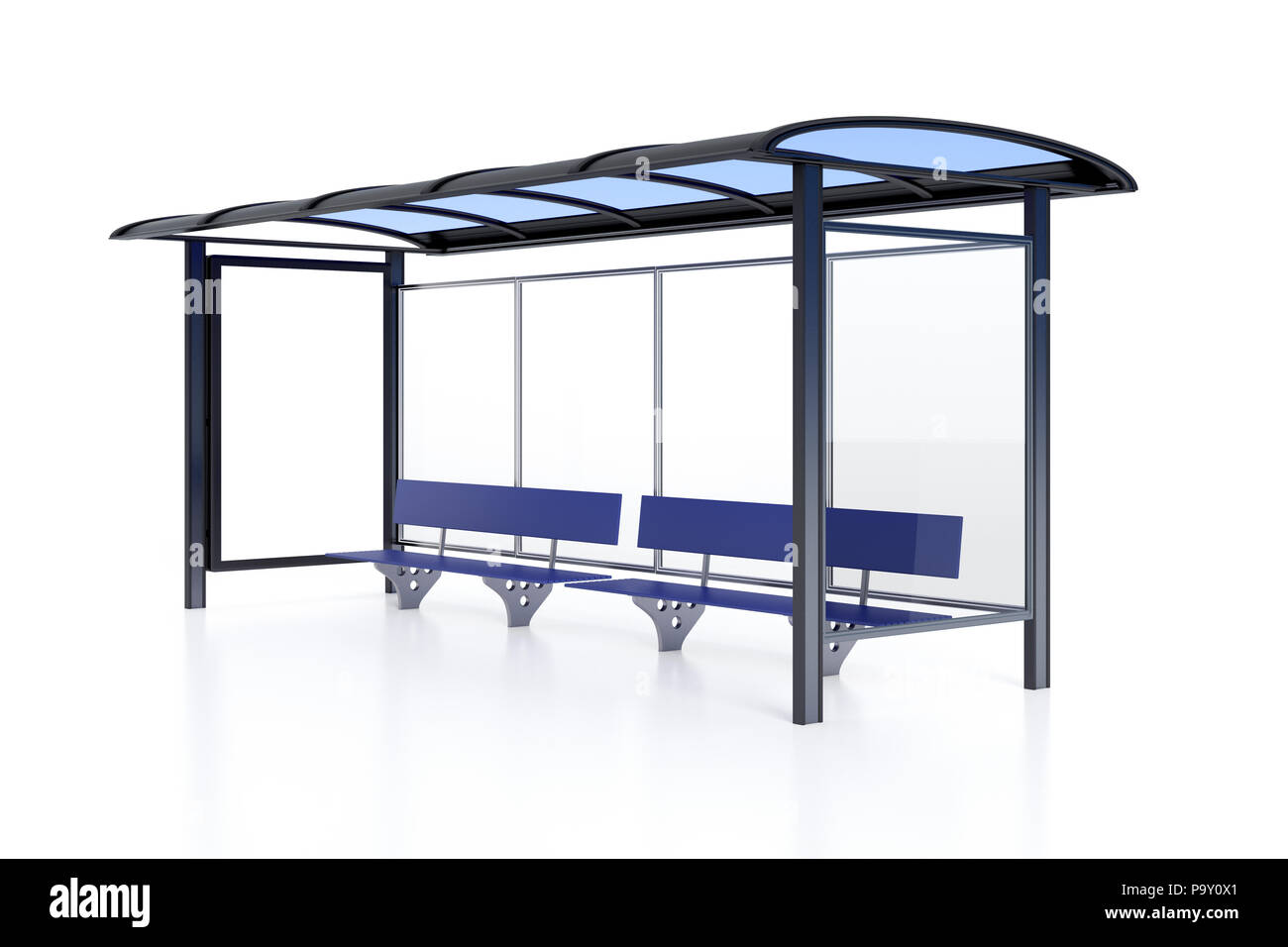 Bushaltestelle mit leerem Reklametafel, isoliert auf weißem Hintergrund Stockfoto