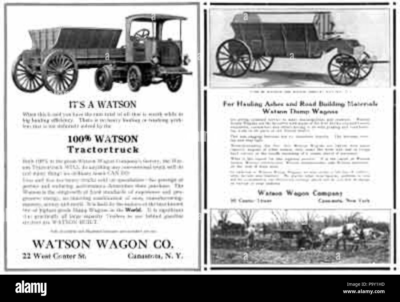 38 1919 Watson Tractortruck und Pferdekutschen buttom Dumper Stockfoto