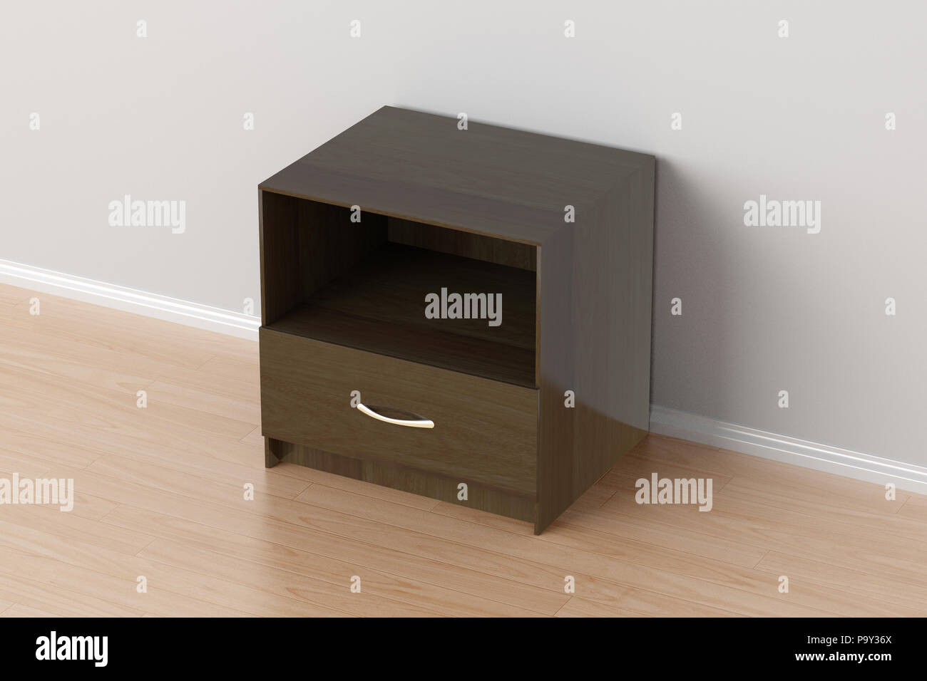 Leere dunkelbraun Nachttisch in Home Interior. Mit Beschneidungspfad um Nachttisch isoliert. 3D-Darstellung Stockfoto