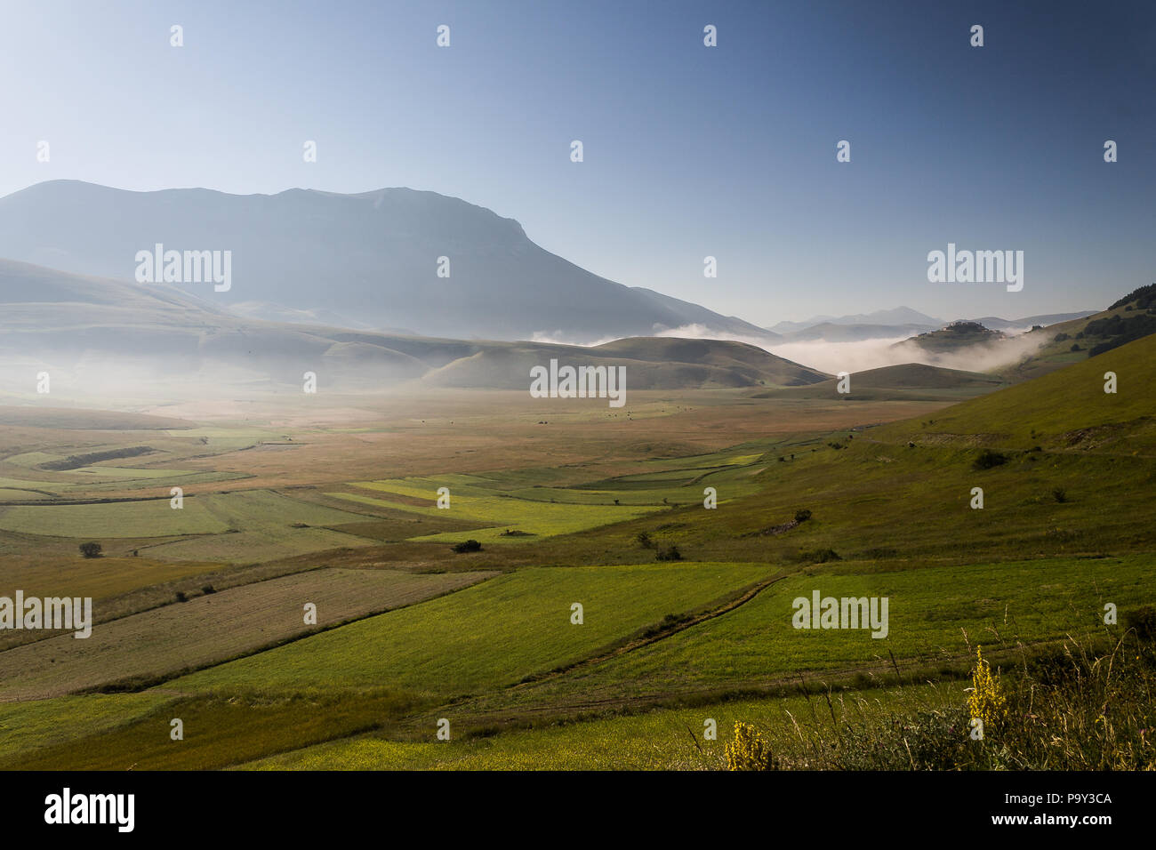 Anzeigen von Castelluccio Di Norcia (Umbrien) in der Dämmerung, bei Nebel, große Wiesen und völlig leeren blauen Himmel. Stockfoto