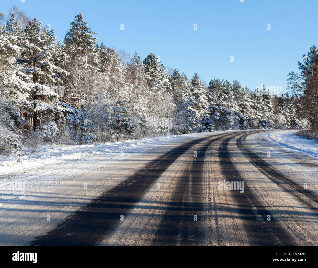 Bild der Straße rechts durch den Wald in der Wintersaison. Blauen Himmel im Hintergrund. Rahmen aus der Mitte der Fahrbahn Stockfoto