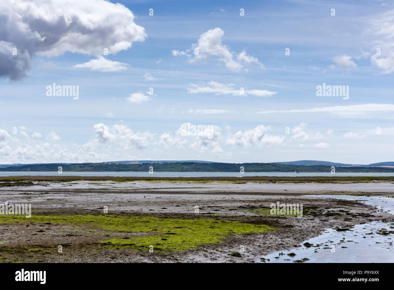 Blick von der Hampshire Küste mit blauem Himmel und Wolken im Sommer, England, Großbritannien Stockfoto