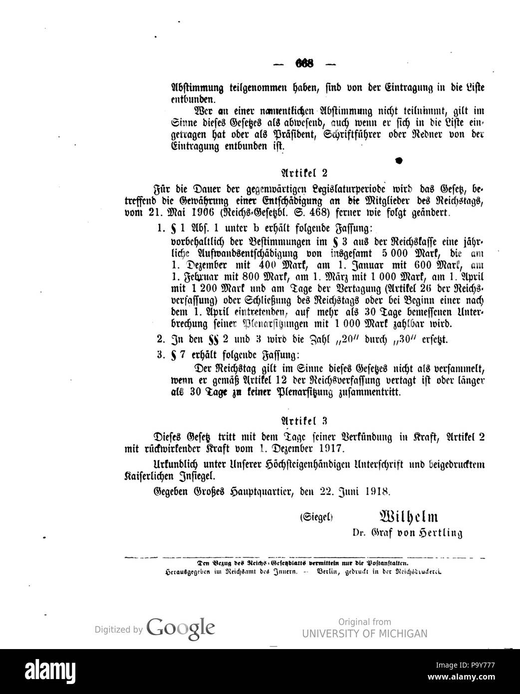 481 Deutsches Reichsgesetzblatt 1918 0820668 Stockfoto