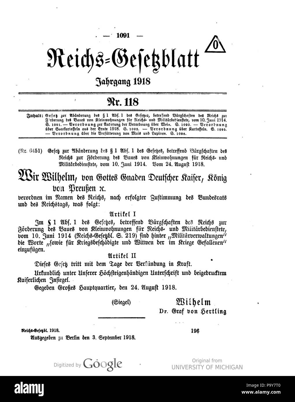 483 Deutsches Reichsgesetzblatt 1918 118 1091 Stockfoto