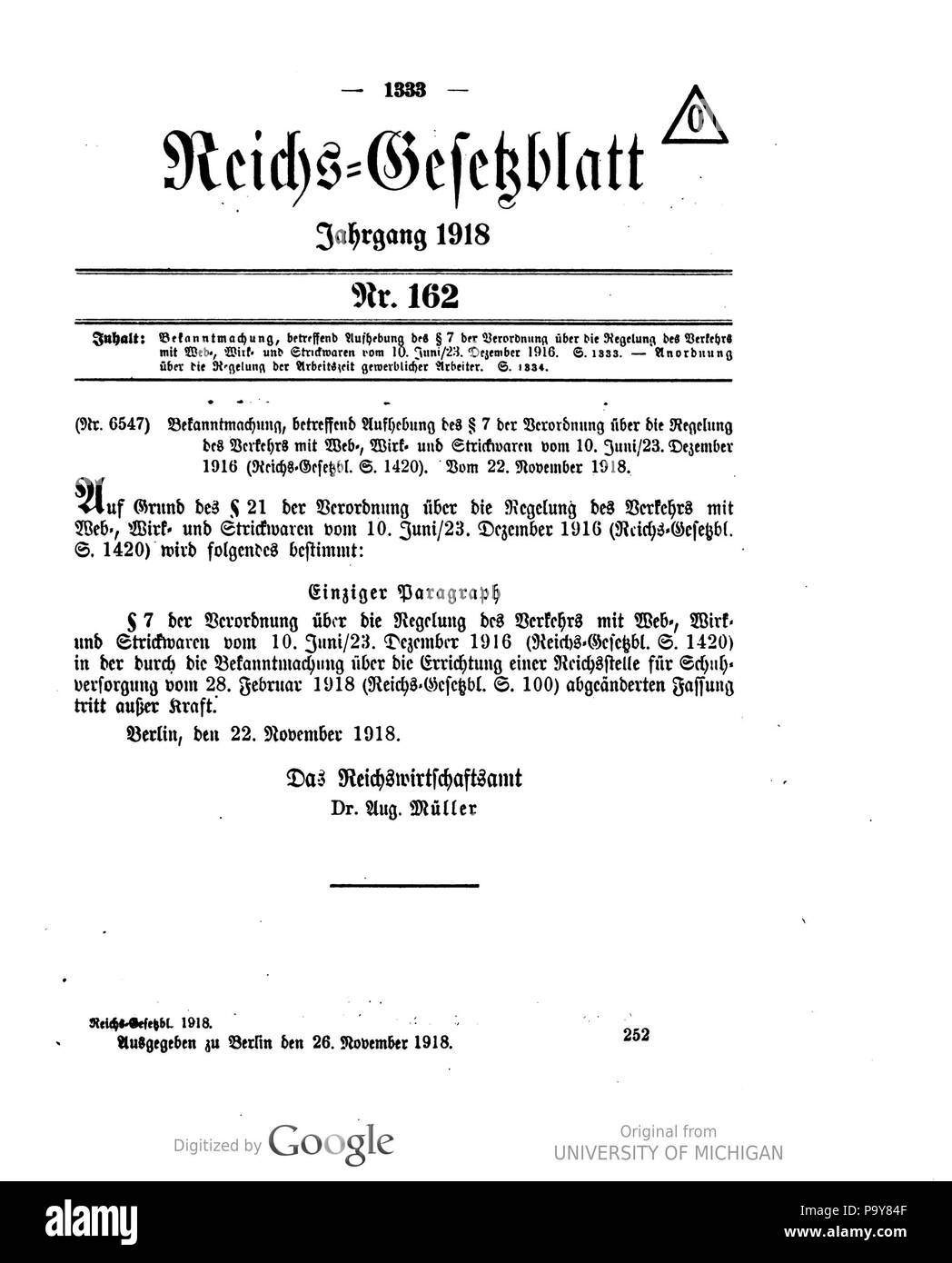 484 Deutsches Reichsgesetzblatt 1918 162 1333 Stockfoto