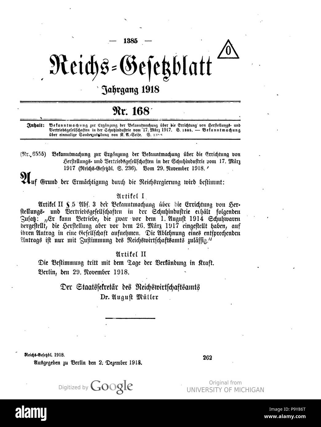 485 Deutsches Reichsgesetzblatt 1918 168 1385 Stockfoto