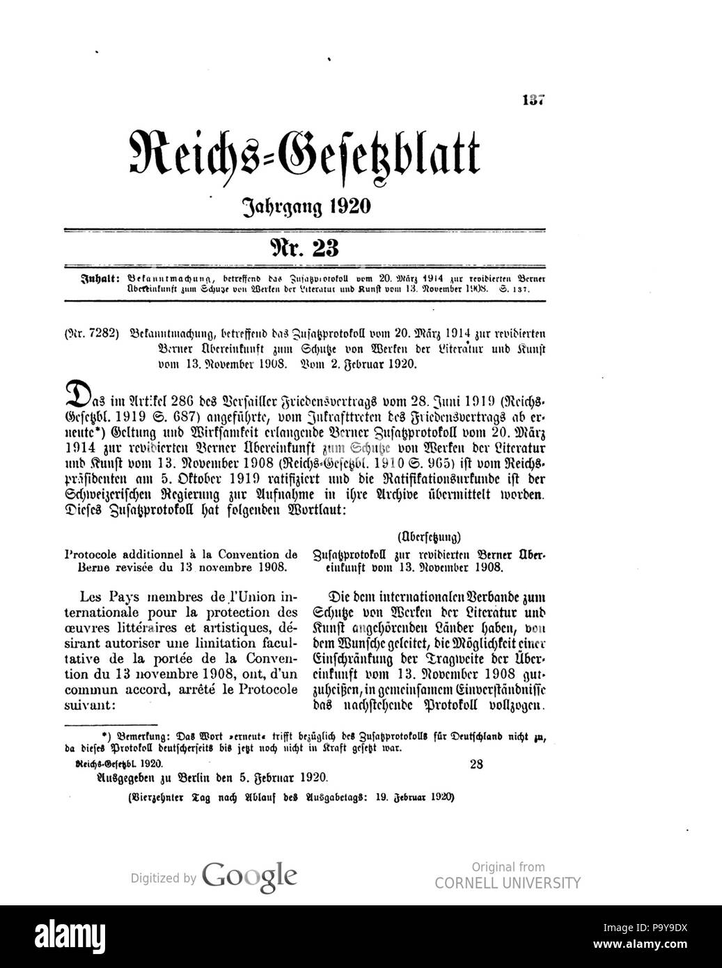 499 Deutsches Reichsgesetzblatt 1920 023 0137 Stockfoto