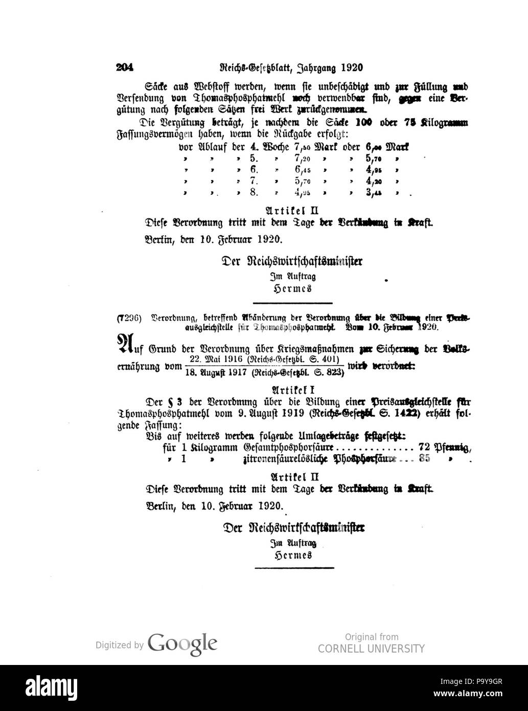 499 Deutsches Reichsgesetzblatt 1920 030 0204 Stockfoto