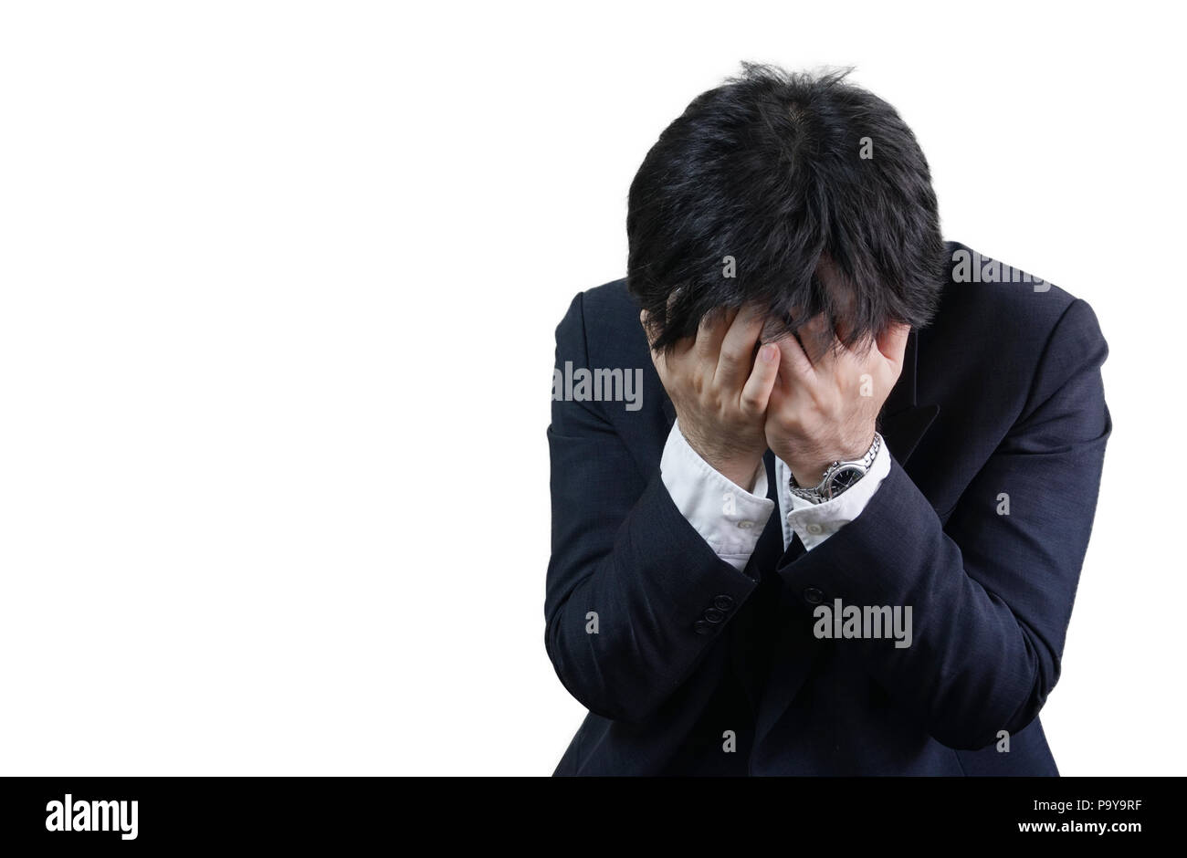 Investor leiden und Stress nach Lose Geld von Investitionen auf weißem Hintergrund, PTSD emption. Stockfoto