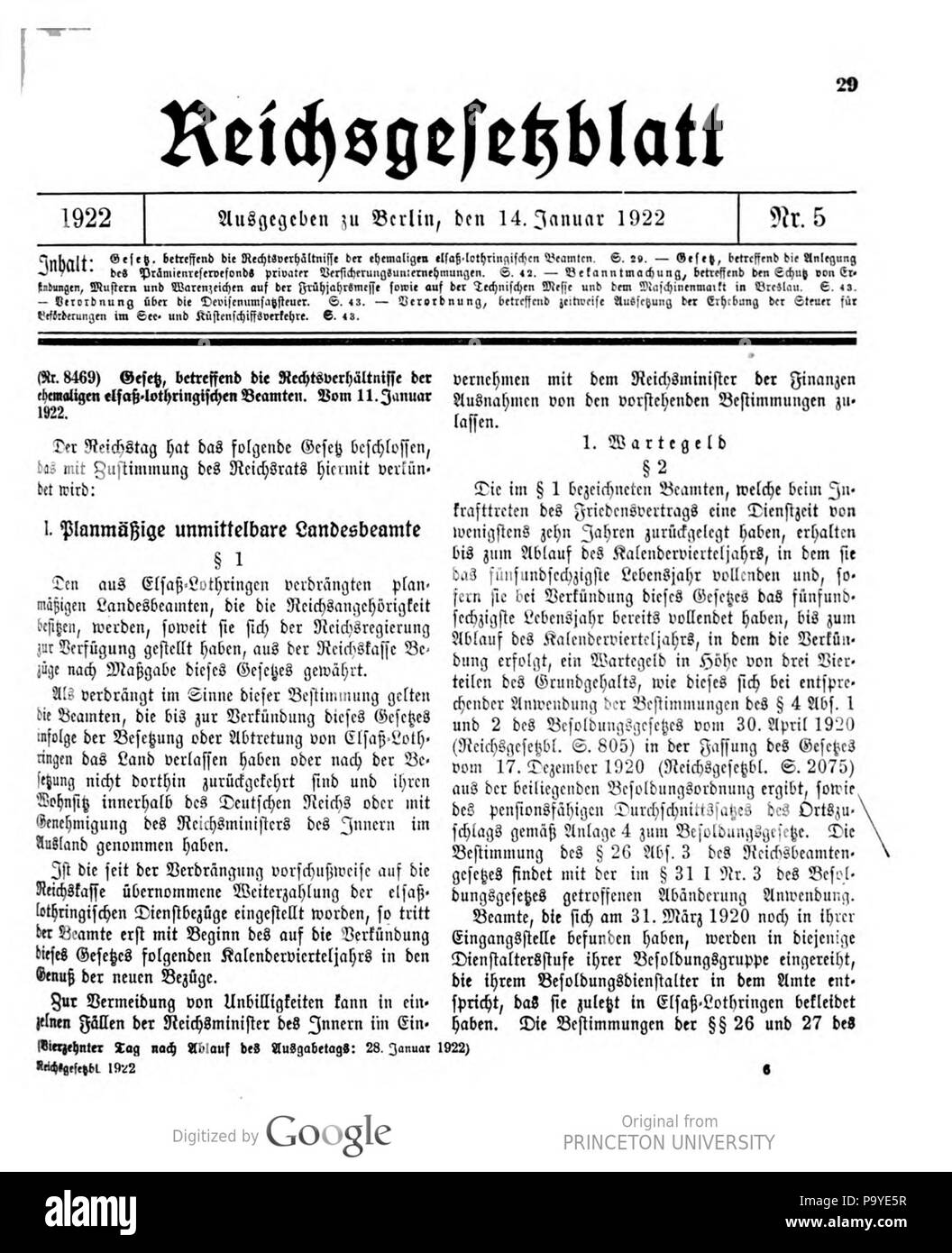 520 Deutsches Reichsgesetzblatt 22T 1 005 0029 Stockfoto