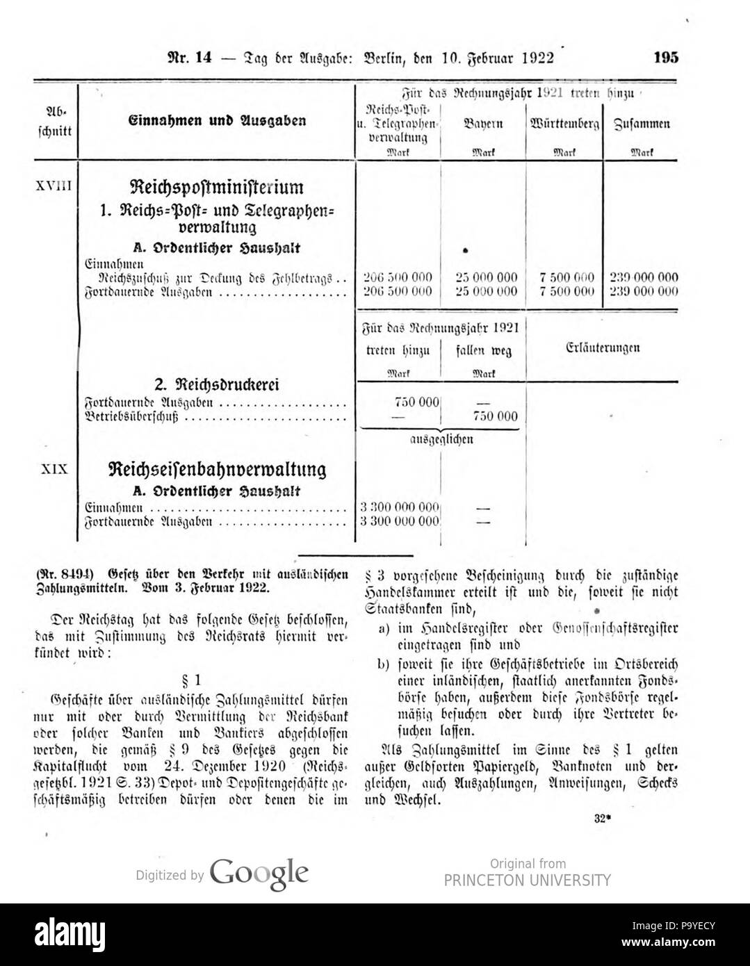 521 Deutsches Reichsgesetzblatt 22T 1 014 0195 Stockfoto