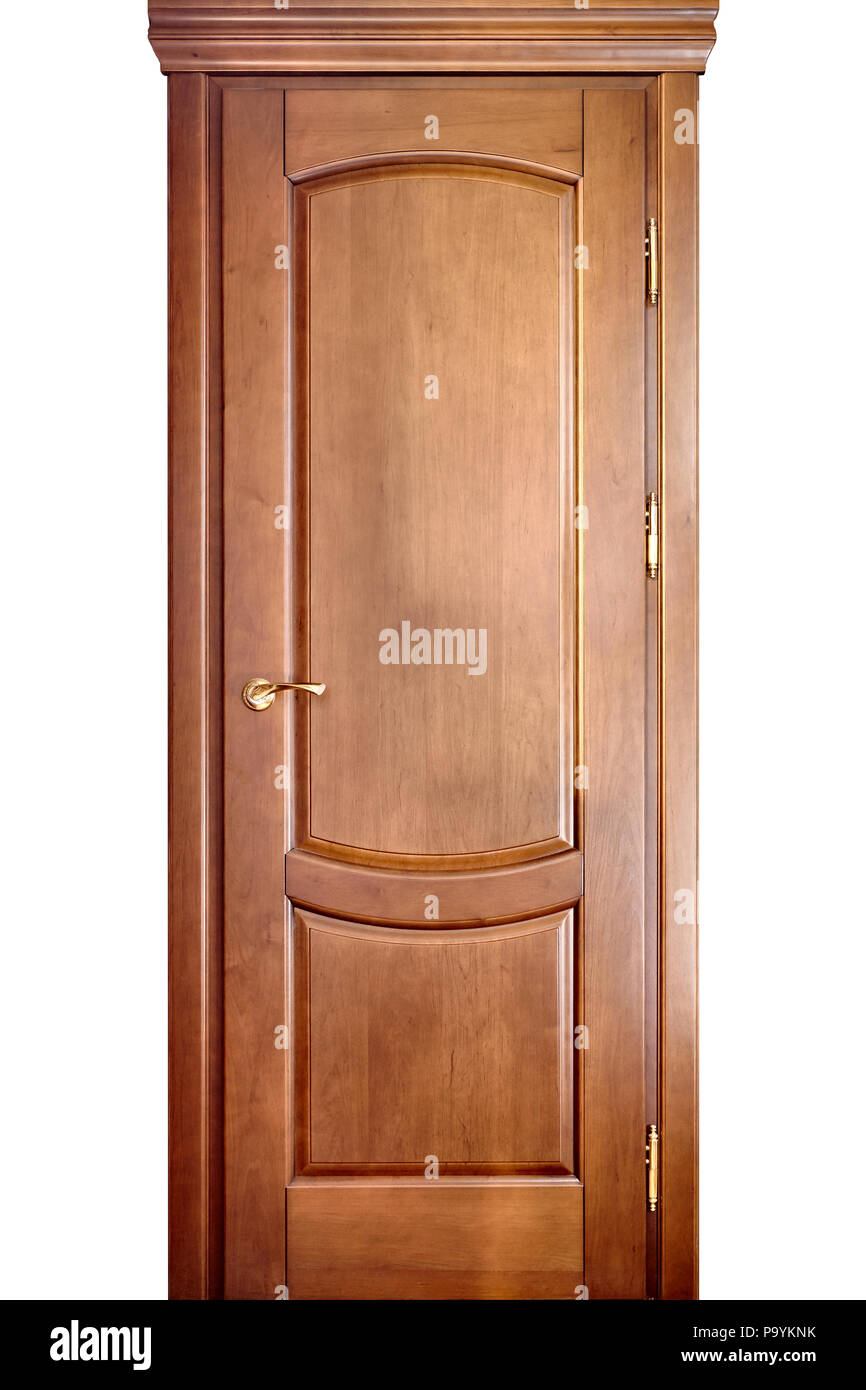 Interieur aus Holz Tür aus Ahorn Holz mit Messing Griff mit geometrischen Ornament auf weißem Hintergrund Stockfoto