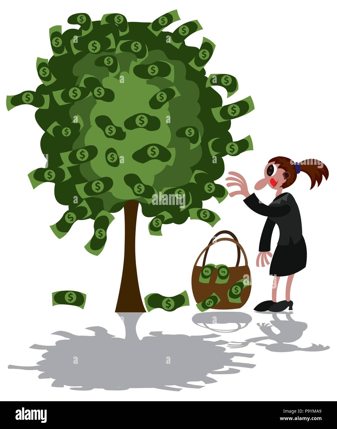 Eine Dame nimmt Geld von einem Baum Stock Vektor