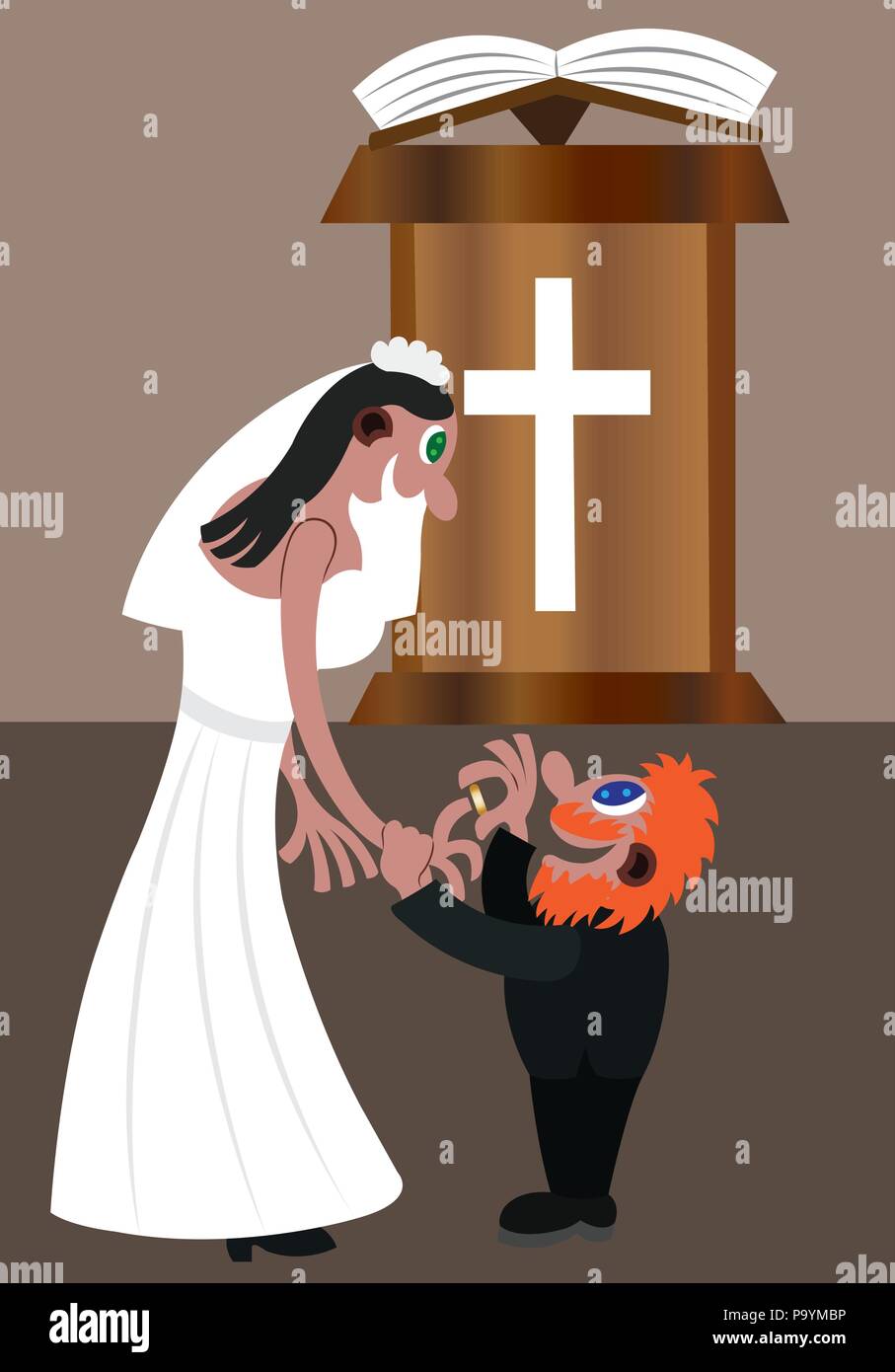 Ein paar Exchange Gelübde am Altar Stock Vektor