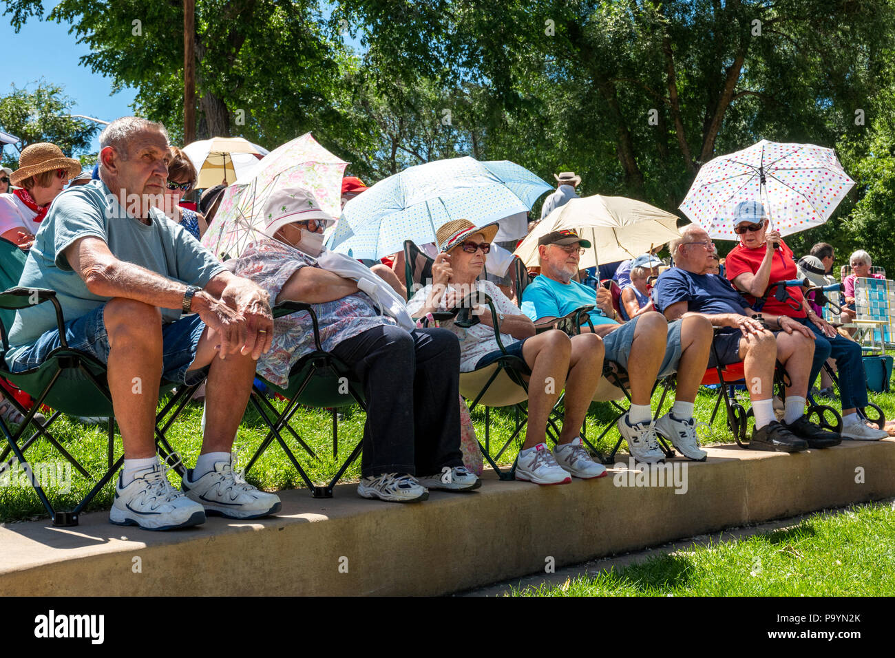 Publikum hört sich die United States Air Force Brass Band spielt ein Viertel der Juli Konzert in der Riverside Park Band stehen, Salida, Colorado, USA Stockfoto