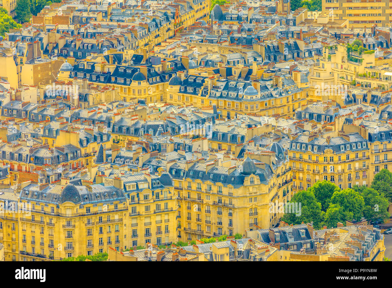 Luftbild des Pariser Dächer Downtown Skyline von Tour de Montparnasse observatory Deck. Paris städtischen Skyline und das Stadtbild bei Sonnenuntergang. Pariser Architektur im Hintergrund. Frankreich in Europa. Stockfoto