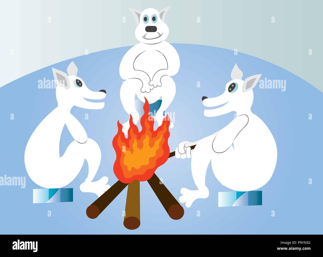Eine Gruppe von Eisbären wärmen Sie sich am Kamin in der kalten Winterabend Stock Vektor