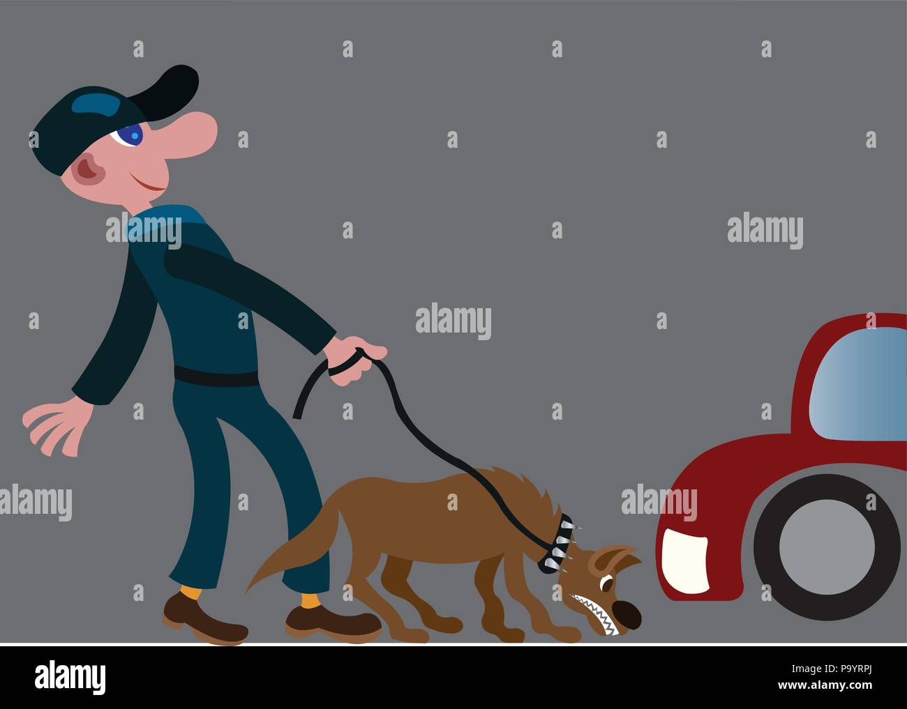 Ein park Security Guard Kontrollen der Kunden Fahrzeuge mit einem snifer Hund Stock Vektor